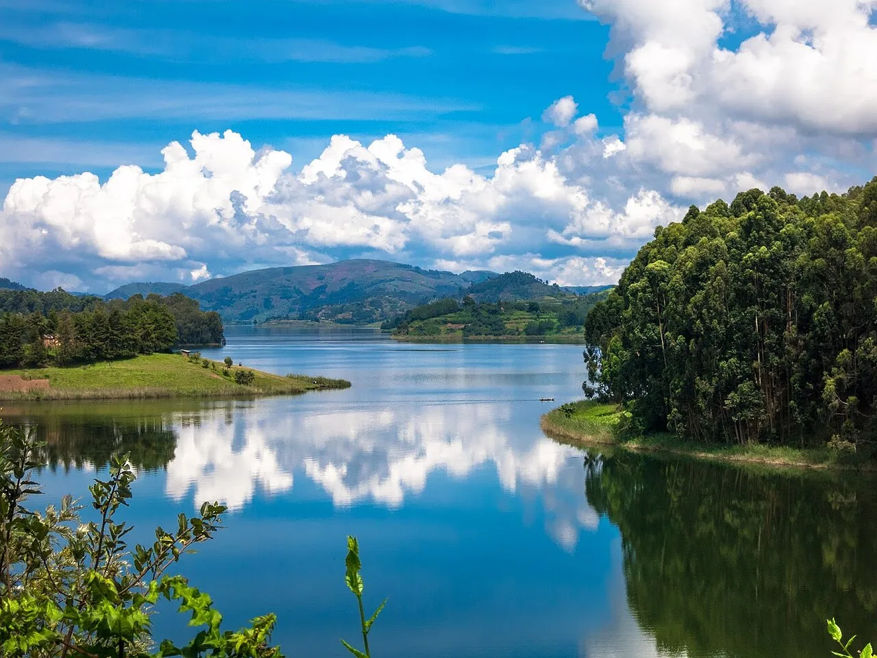 Lake Bunyonyi and surrounding hills in southwest Uganda.