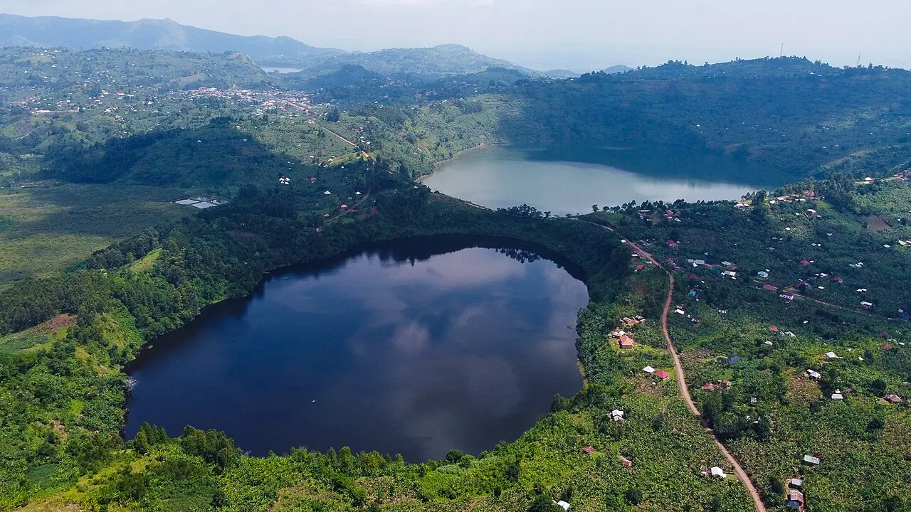 An aerial view of the twin crater lakes Kyema and Kamweru in Rubirizi, Uganda.