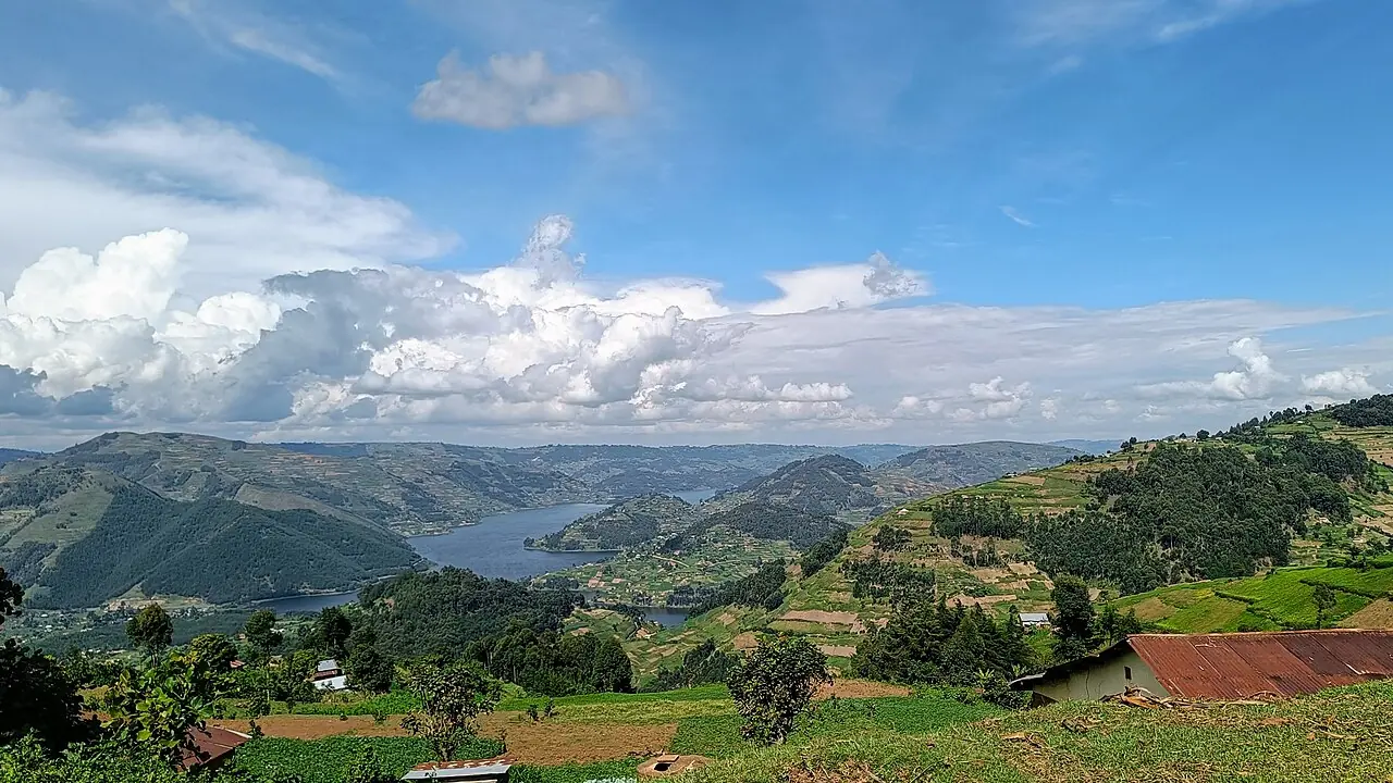 Lake Bunyonyi and surrounding hills in southwest Uganda.