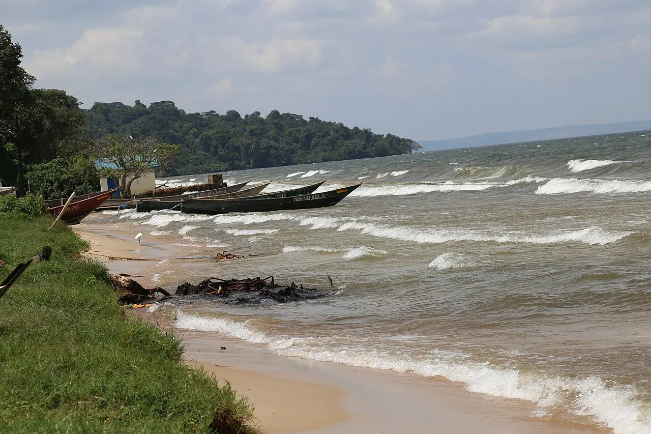 Boats beside a sandy Lake Victoria shore at the Ssese Islands, Uganda.
