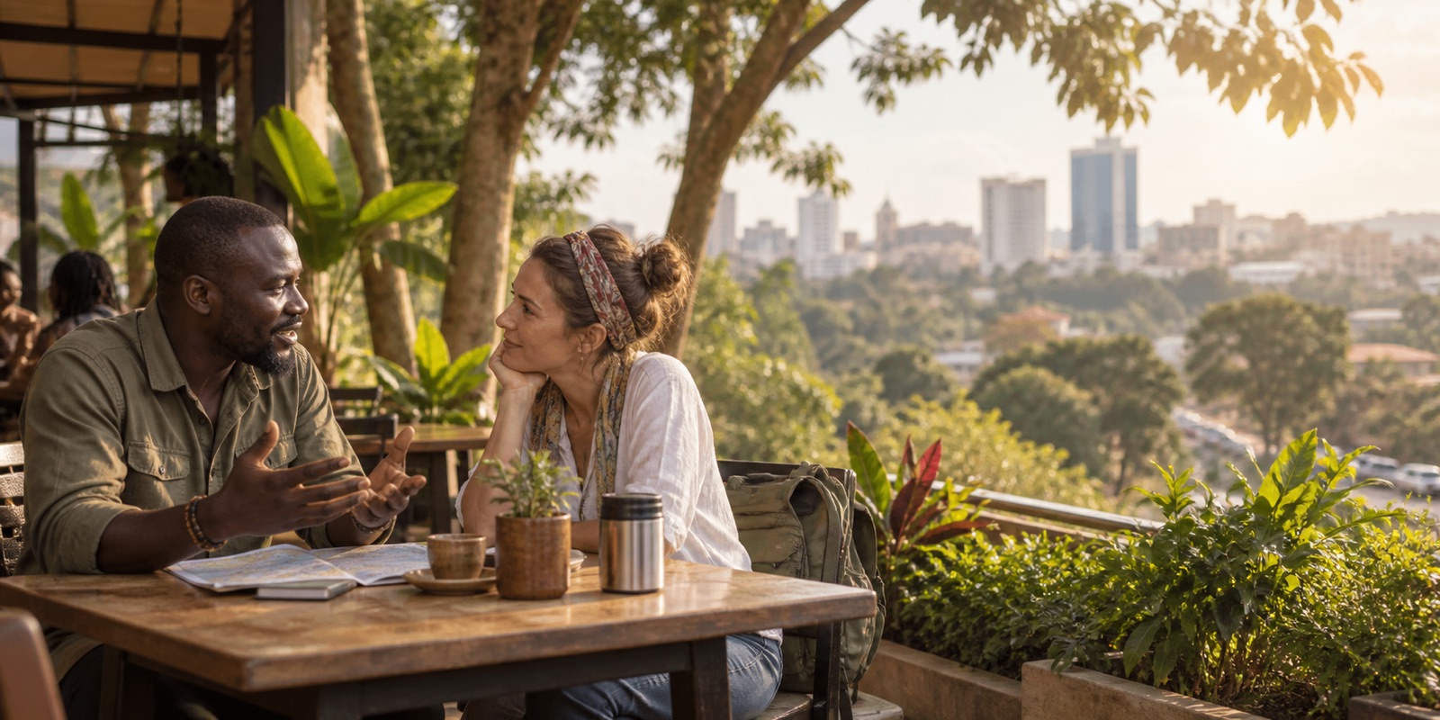 A traveller talking with a local host in Kampala