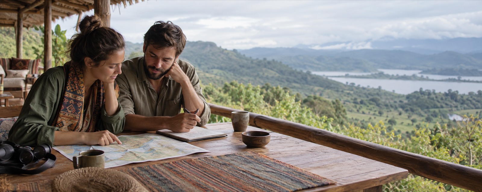 Travellers planning a Uganda route from a lodge veranda